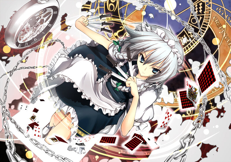 silver-haired maid with knives