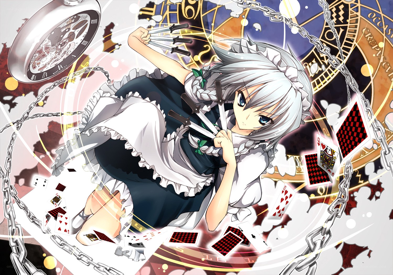 silver-haired maid with knives