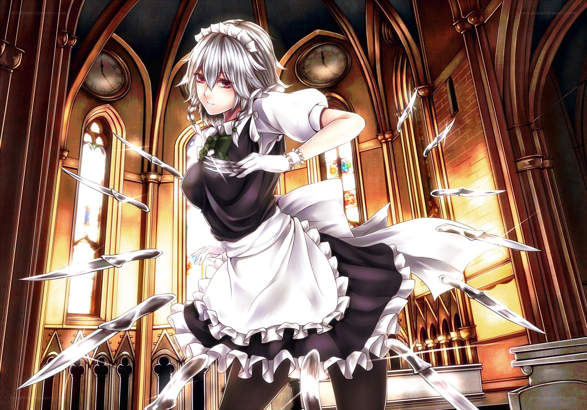 Silver-haired maid with knives