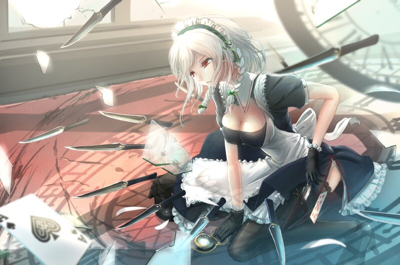 Silver-haired Maid with Knives — White, Dramatic