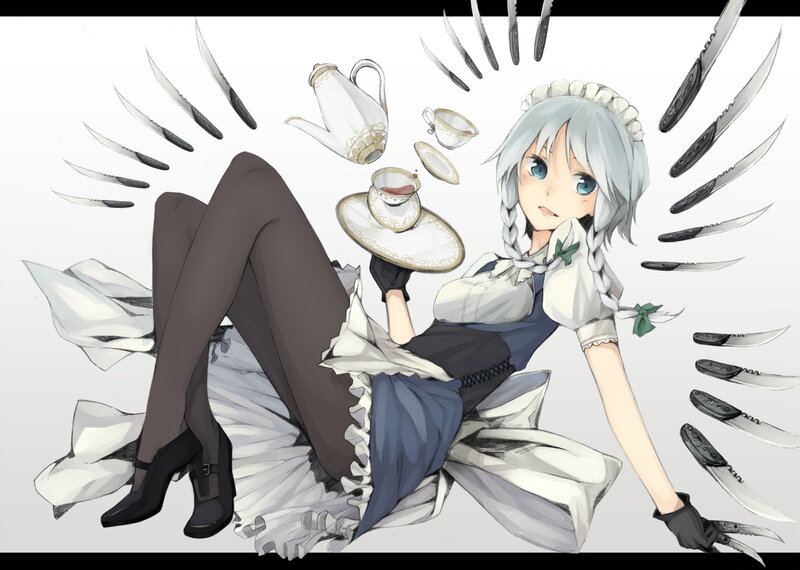 Silver-haired Maid with Knives — White