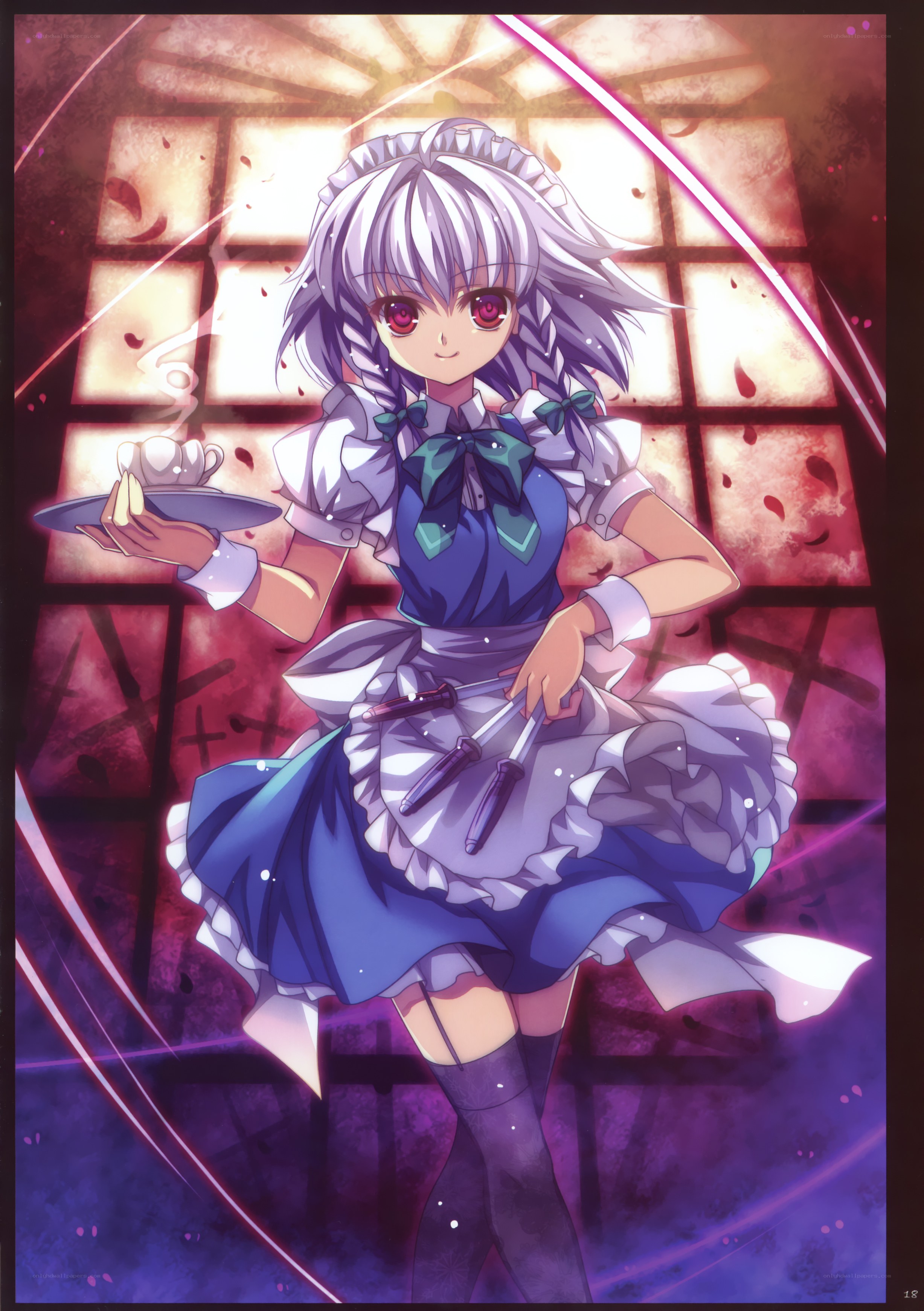 silver-haired maid with knives