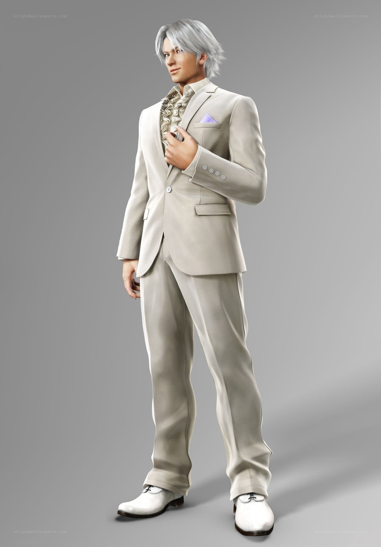 silver-haired man in beige suit