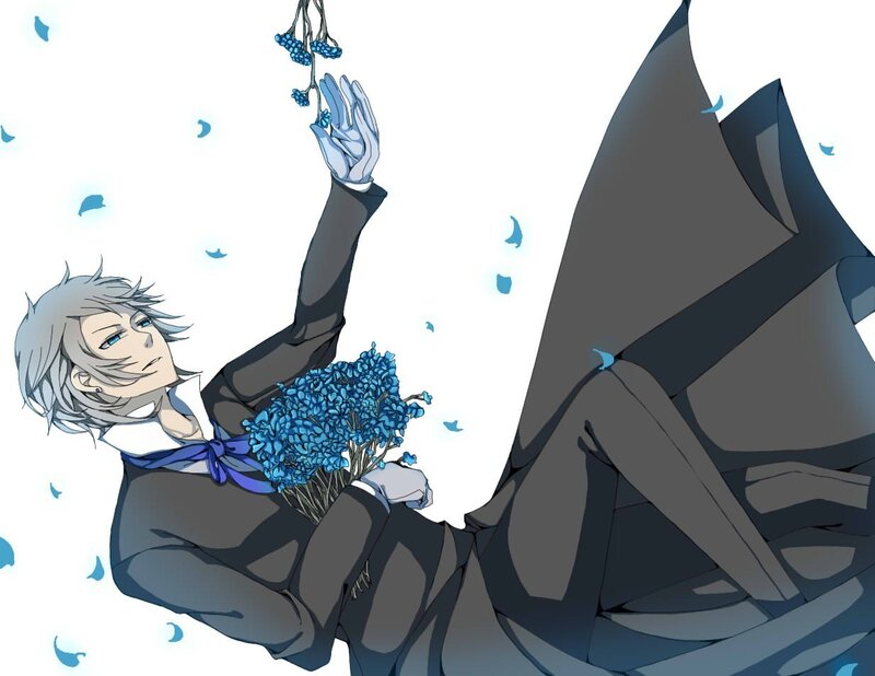 silver-haired man with blue flowers