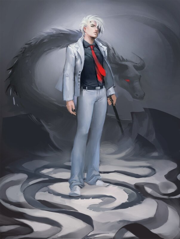 silver-haired man with dark creature