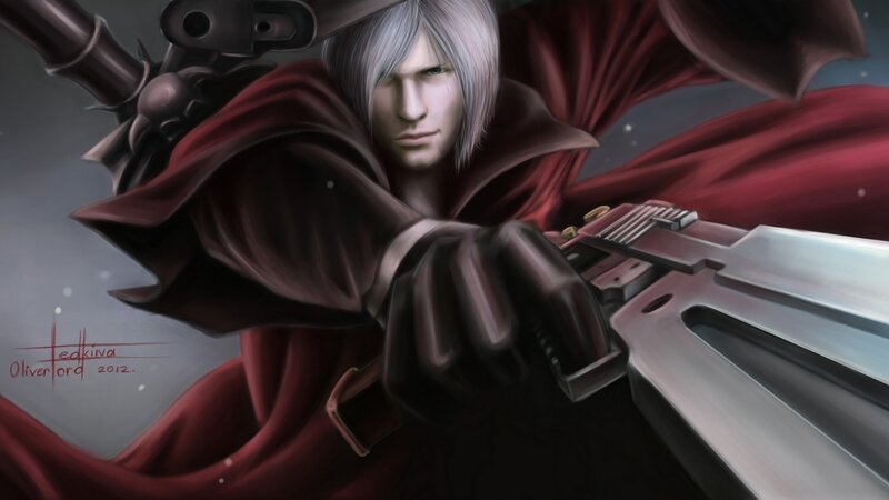 Silver-haired Man with Gun — Red, Dramatic, Digital Art