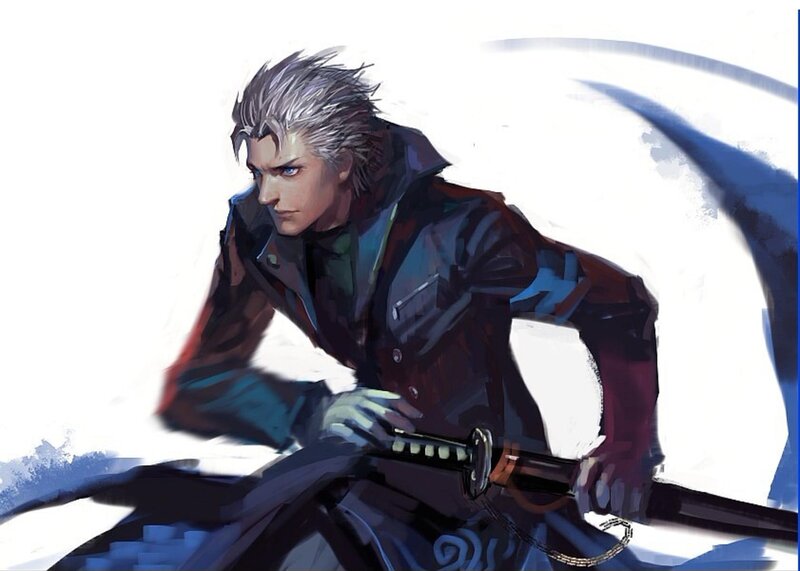 Silver-haired Man with Sword — Black, Dramatic, Digital Art