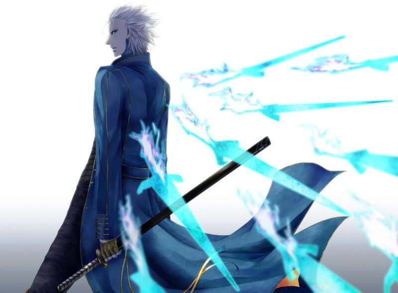 Silver-haired Man with Sword — Blue, Dramatic