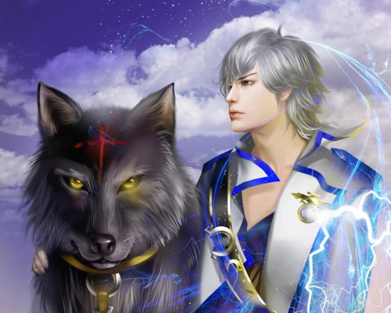Silver-haired Man with Wolf — Purple