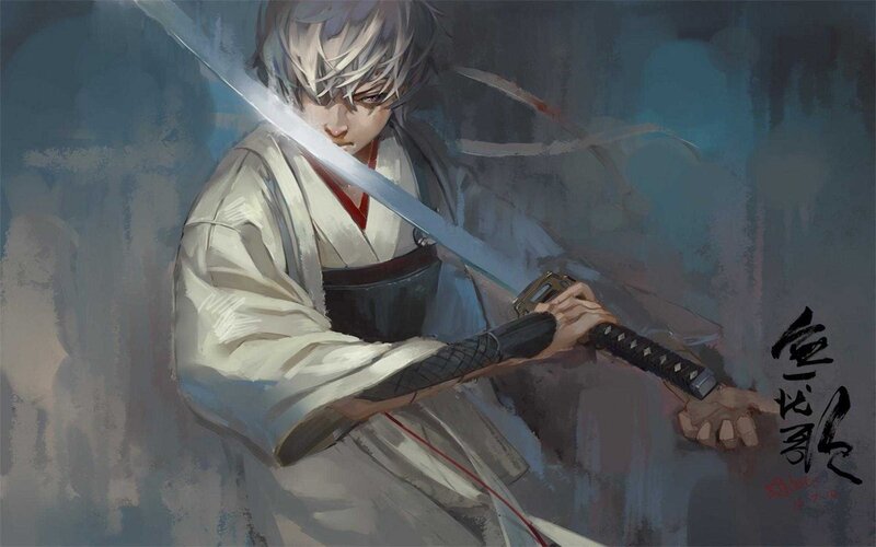 Silver-haired Swordsman — Gray, Dramatic, Digital Art