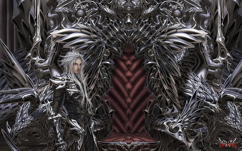Silver-haired Warrior — Black, Dramatic, Digital Art, Sword, Throne