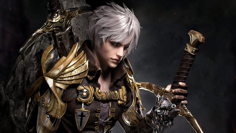 Silver-haired Warrior — Black, Dramatic, Digital Art, Sword