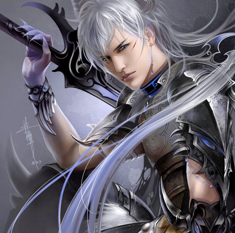 Silver-haired Warrior — Gray, Dramatic, Digital Art