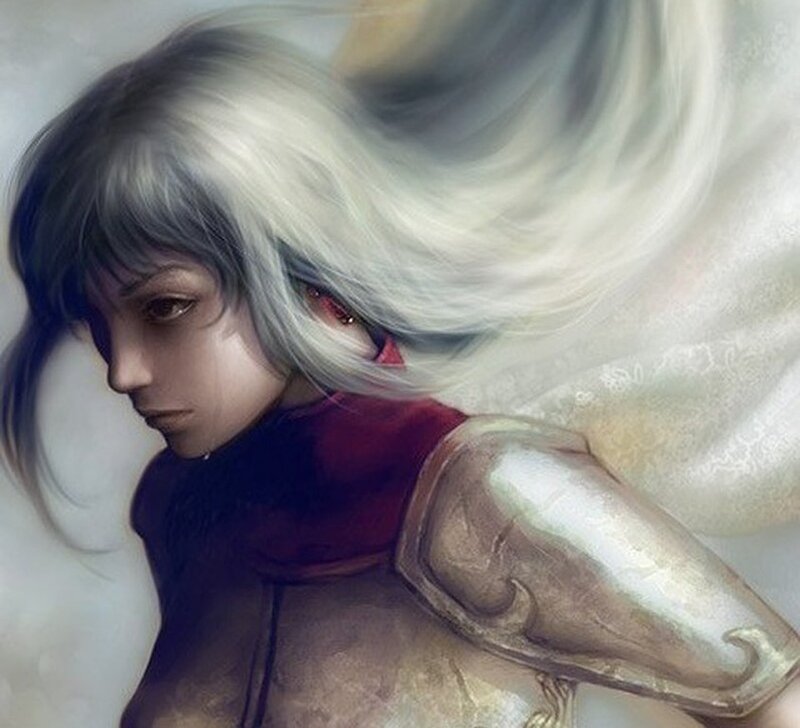 silver-haired warrior in armor