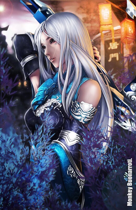 silver-haired warrior in blue armor