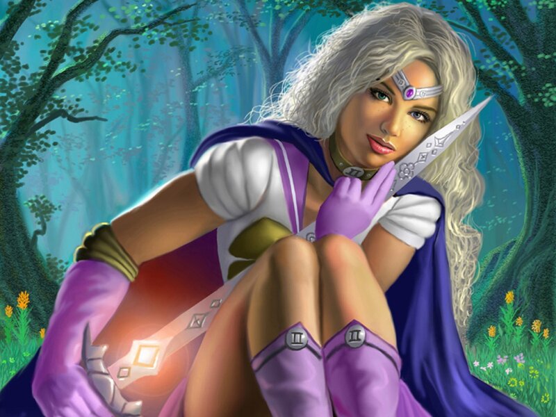 silver-haired warrior in forest