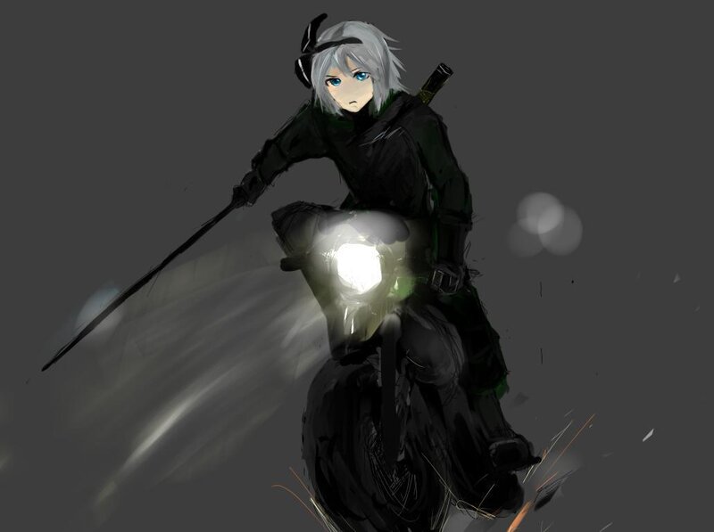 silver-haired warrior on motorcycle