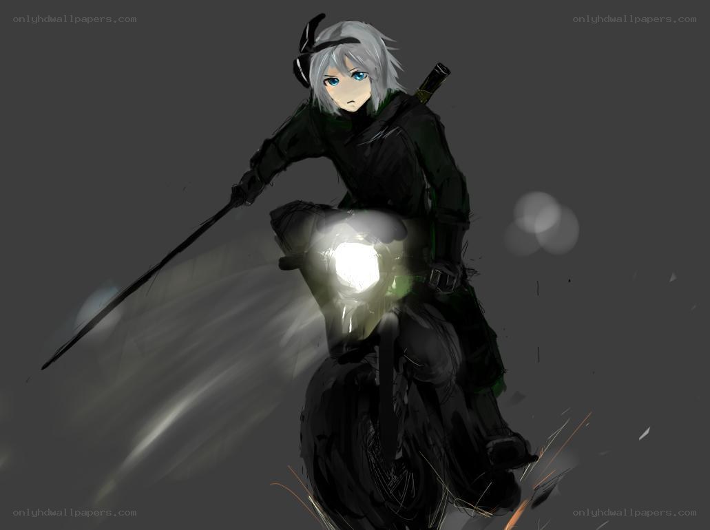 silver-haired warrior on motorcycle