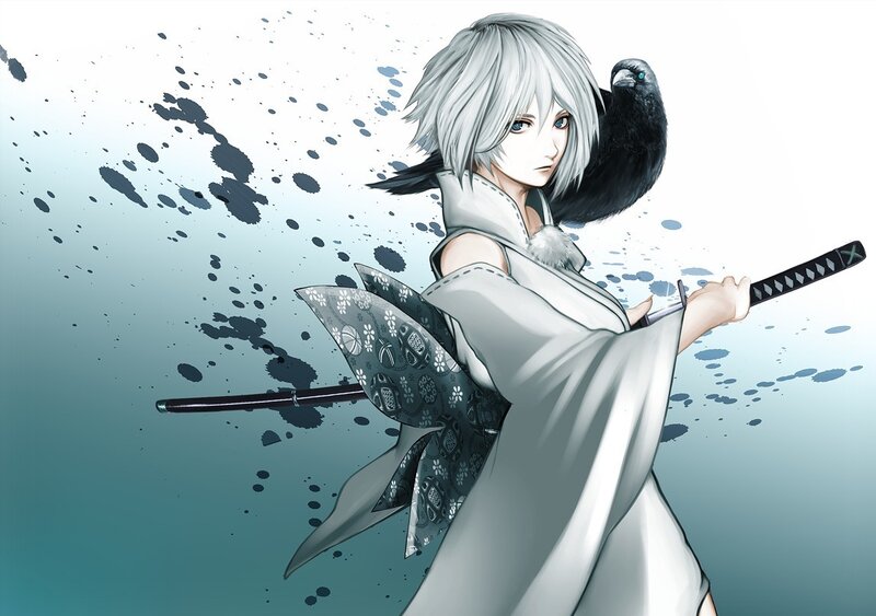 Silver-haired Warrior with Crow — White, Dramatic