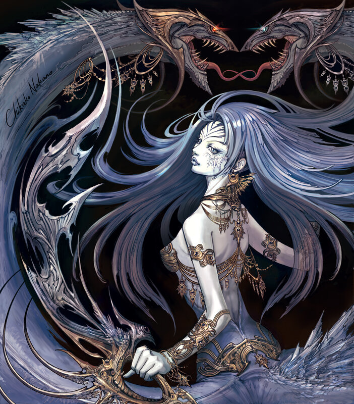 silver-haired warrior with dragons