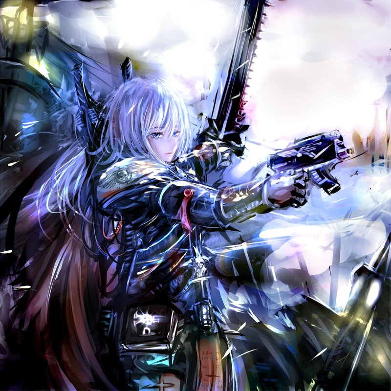 Silver-haired Warrior with Gun — Blue, Dramatic