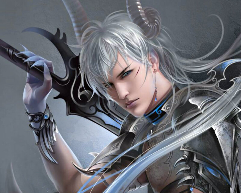 Silver-haired Warrior with Horns — Gray, Dramatic