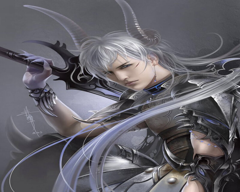 Silver-haired Warrior with Horns — Gray