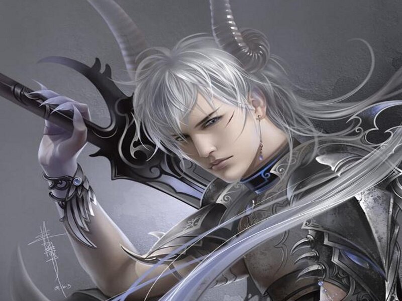 silver-haired warrior with horns