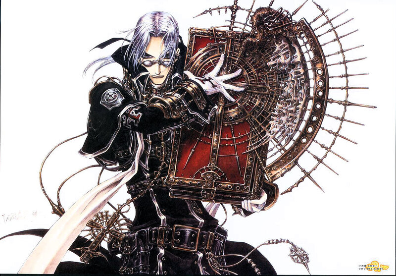 silver-haired warrior with mechanical shield