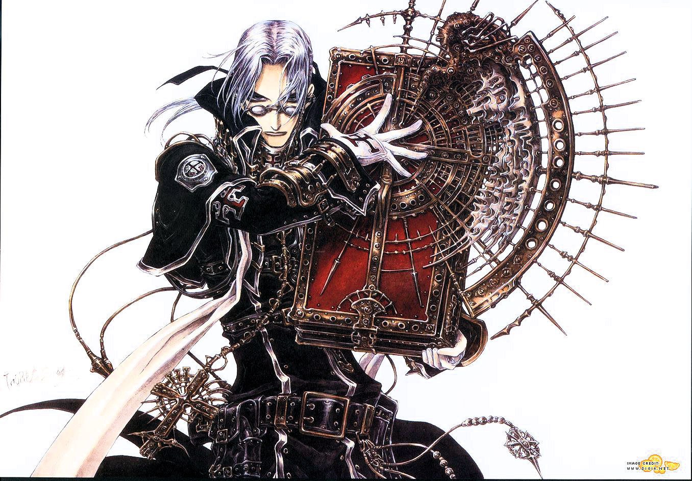 silver-haired warrior with mechanical shield