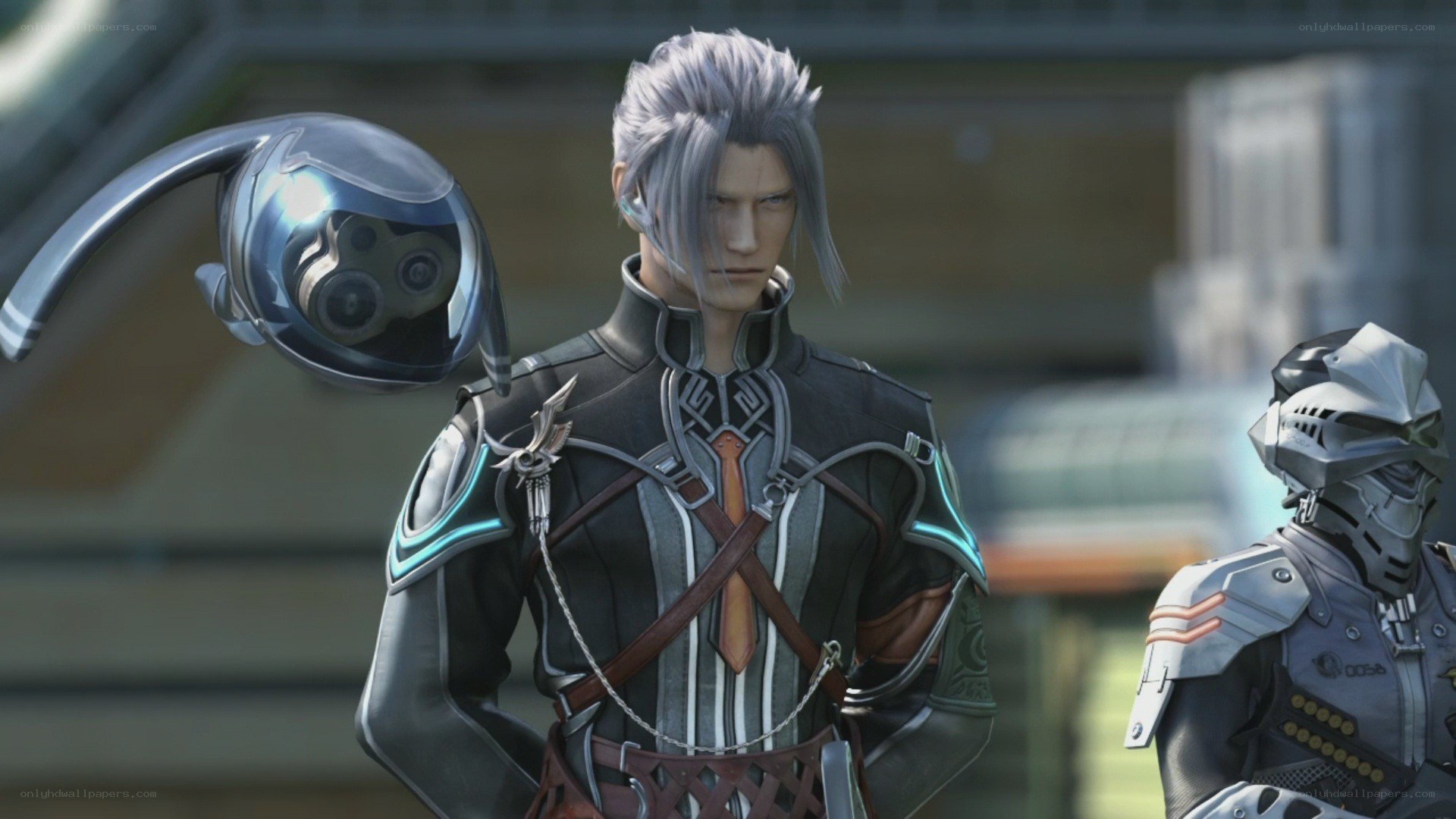 silver-haired warrior with robotic companion