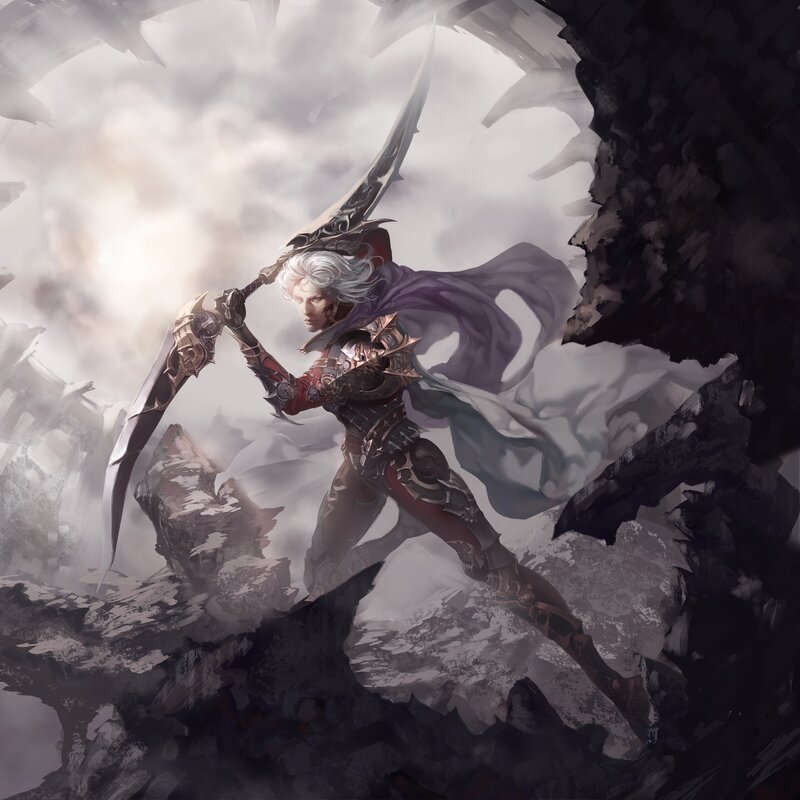 silver-haired warrior with scythe