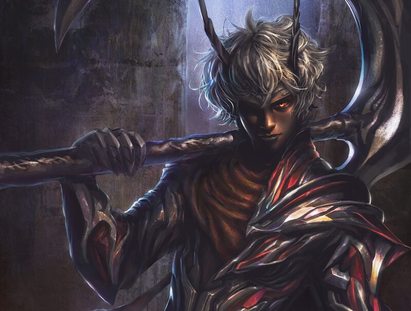 silver-haired warrior with scythe