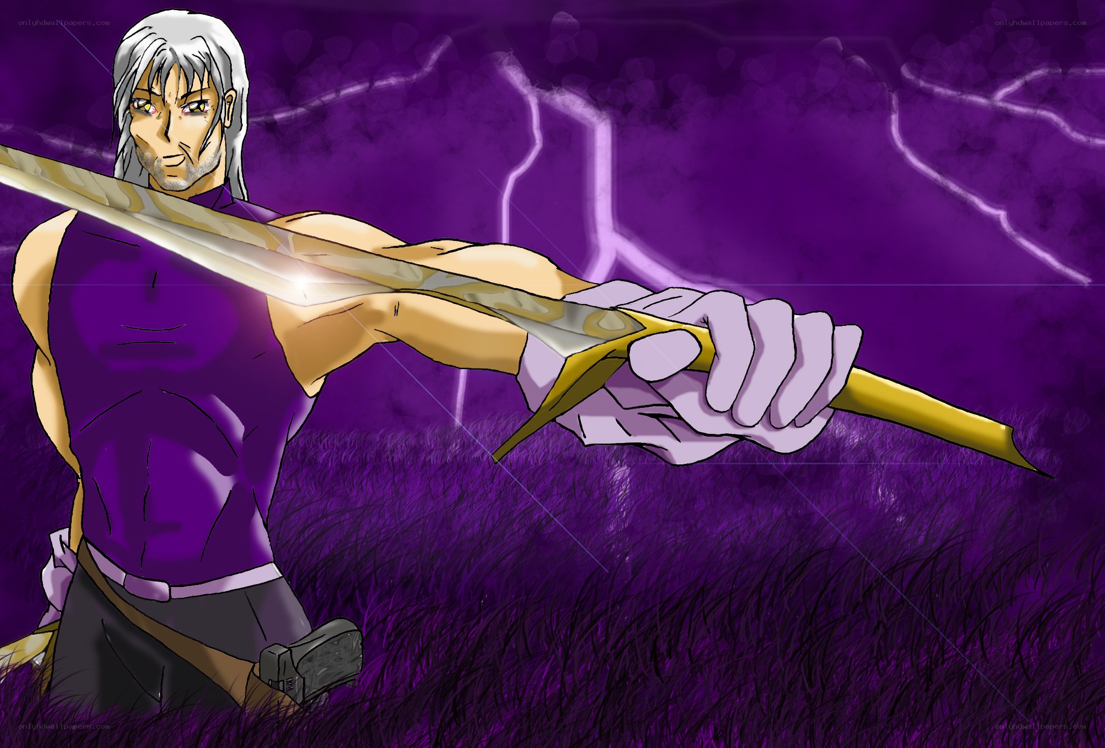 silver-haired warrior with sword