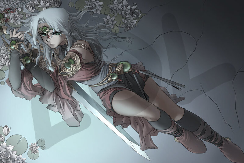 silver-haired warrior with sword