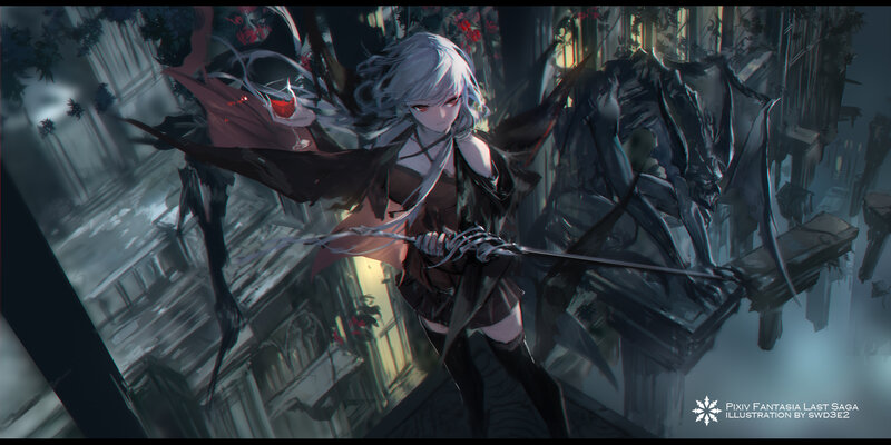 Silver-haired Warrior with Sword — Black, Dramatic, Dark