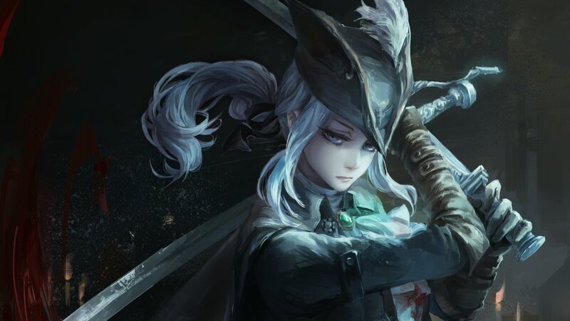 Silver-haired Warrior with Sword — Black, Dramatic, Night