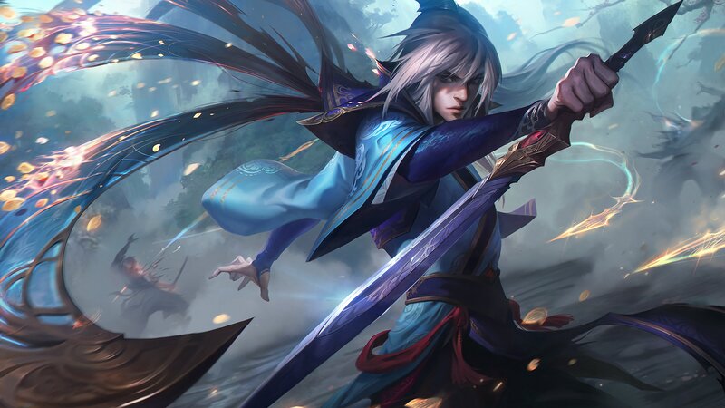 Silver-haired Warrior with Sword — Blue, Dramatic, Digital Art