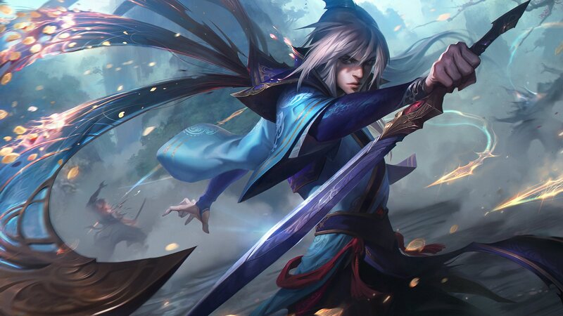 Silver-haired Warrior with Sword — Blue, Dramatic