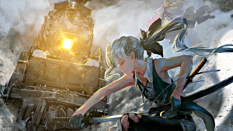 Silver-haired Warrior with Sword — Gray, Dramatic, Digital Art, Train