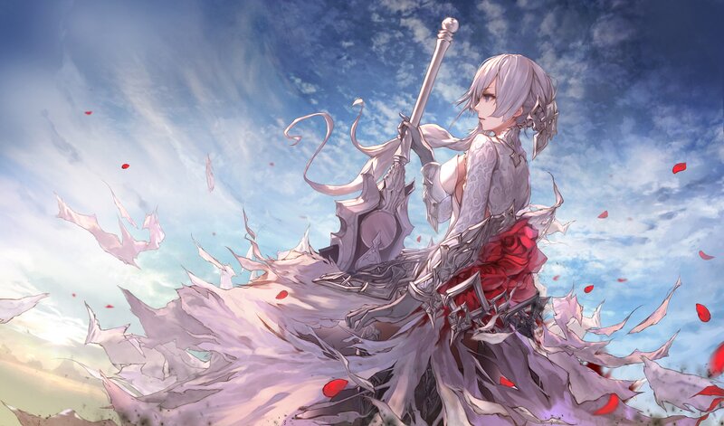 Silver-haired Warrior with Sword — White, Dramatic, Afternoon