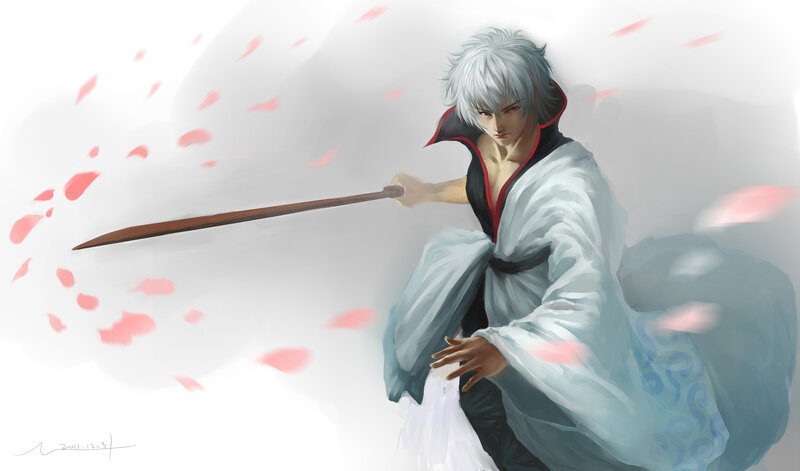 Silver-haired Warrior with Sword — White, Dramatic, Anime, Petals