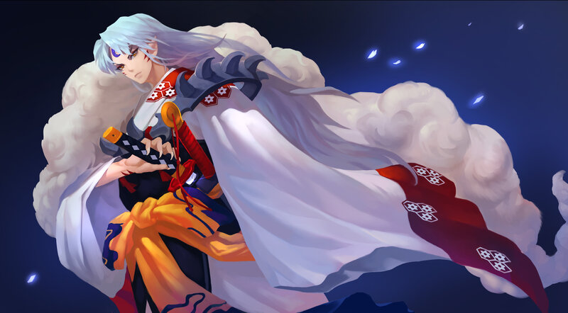 Silver-haired Warrior with Sword — White, Dramatic, Night, Anime