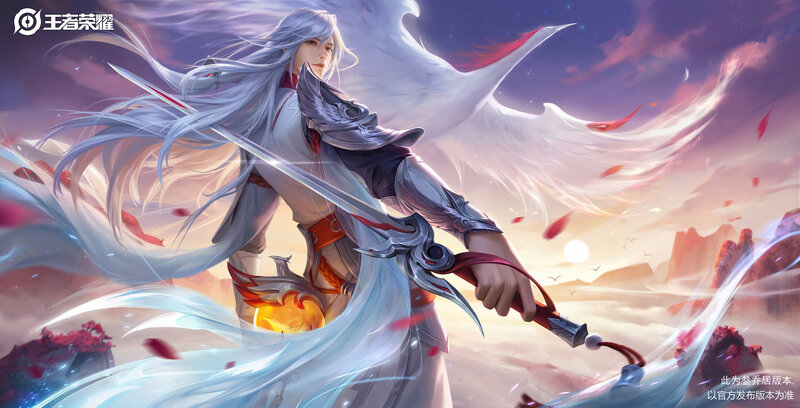 Silver-haired Warrior with Sword — White, Dramatic, Sunset