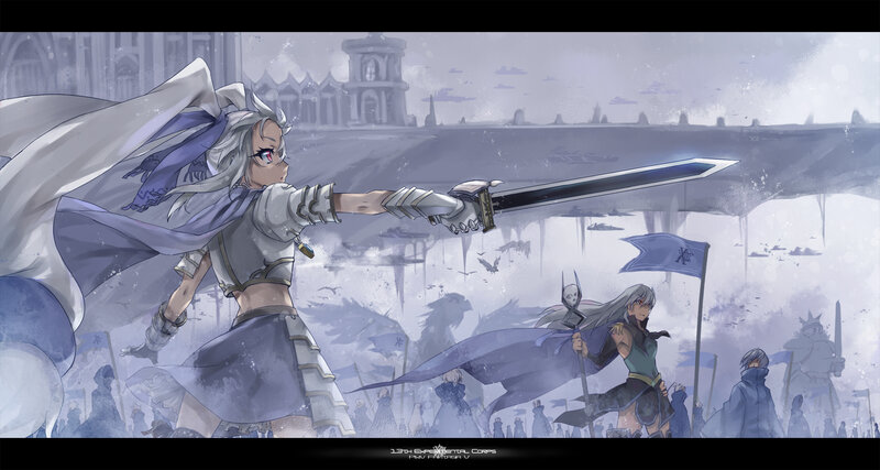 Silver-haired Warrior with Sword — White, Dramatic