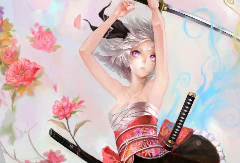 silver-haired warrior with swords