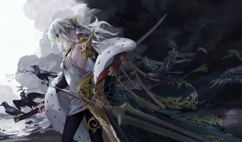Silver-haired Warrior with Swords — White