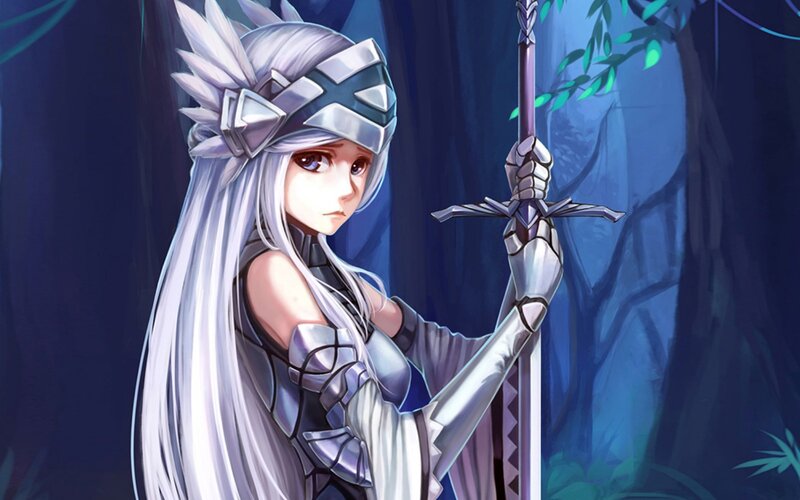 Silver-haired Warrior Woman — Blue, Dramatic, Night, Digital Art, Sword