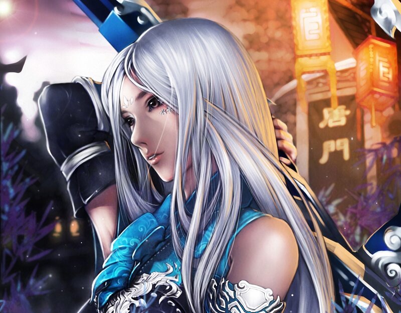 Silver-haired Warrior Woman — Blue, Dramatic, Night