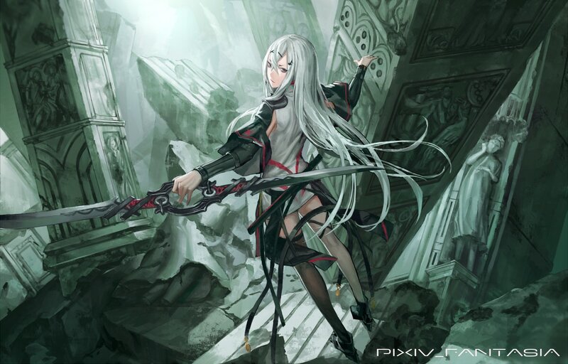 Silver-haired Warrior Woman — Green, Dramatic